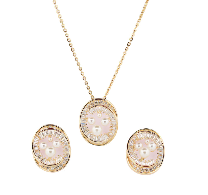 92.5 Sterling Silver Oval Multi-Pearl and Baguette Halo  Chain Pendant Set 12405