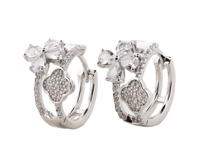 92.5 Sterling Silver Floral Motif Huggie Hoop Earrings 15709