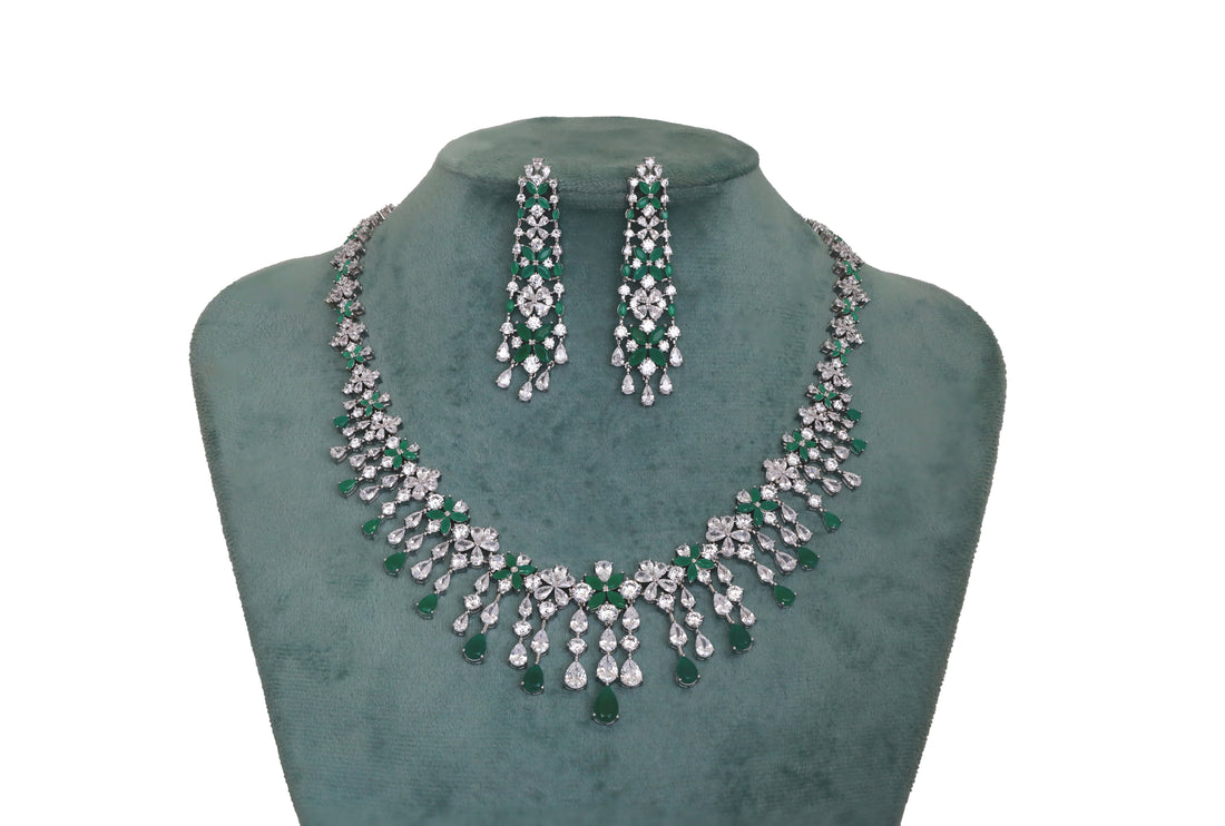 Zircon Floral Drop Collar Necklace Set  10910
