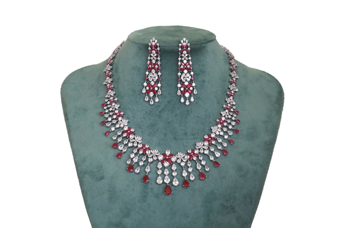Zircon Floral Drop Collar Necklace Set  10910