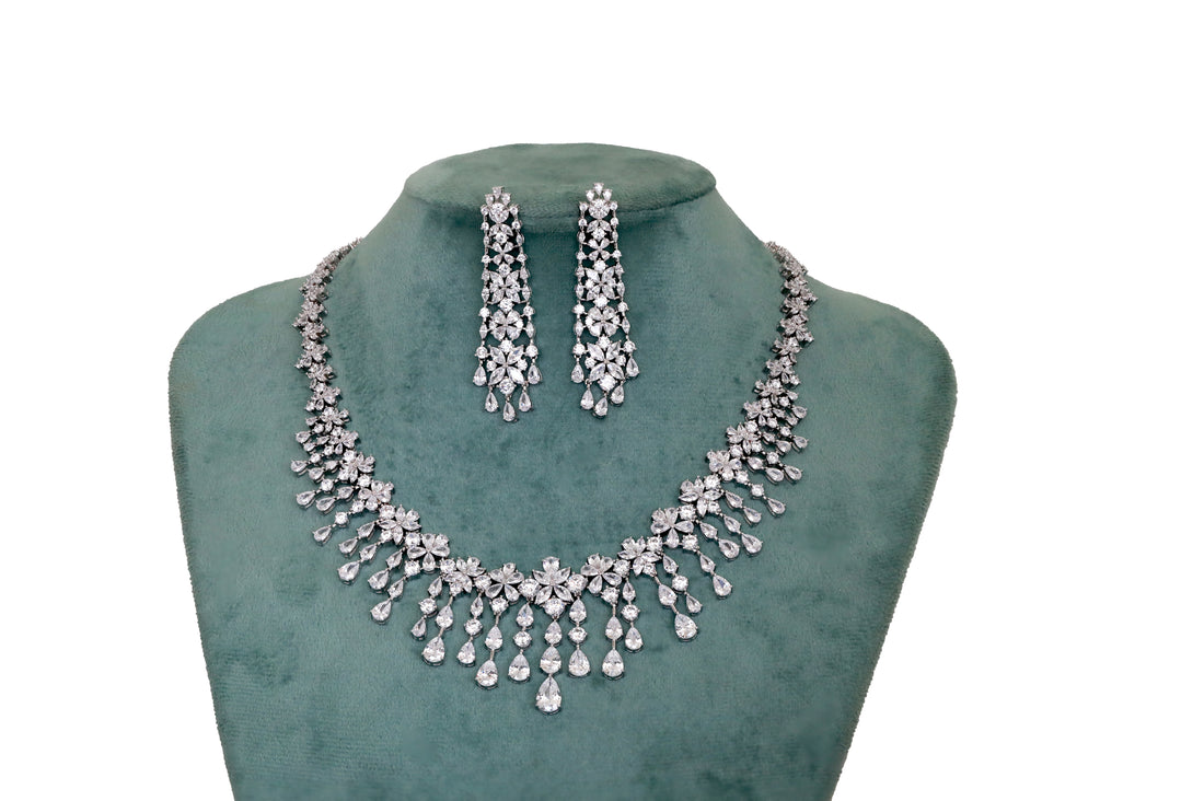 Zircon Floral Drop Collar Necklace Set  10910