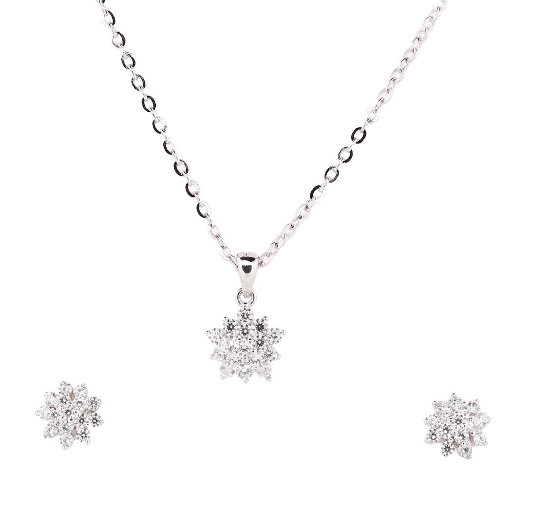 92.5 Sterling Silver Snow-burst Floral Cluster  Chain Pendant Set 12404