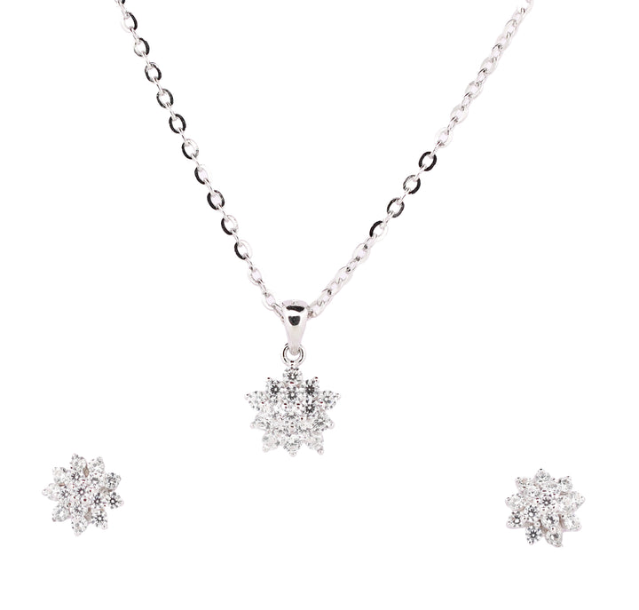 92.5 Sterling Silver Snow-burst Floral Cluster  Chain Pendant Set 12404