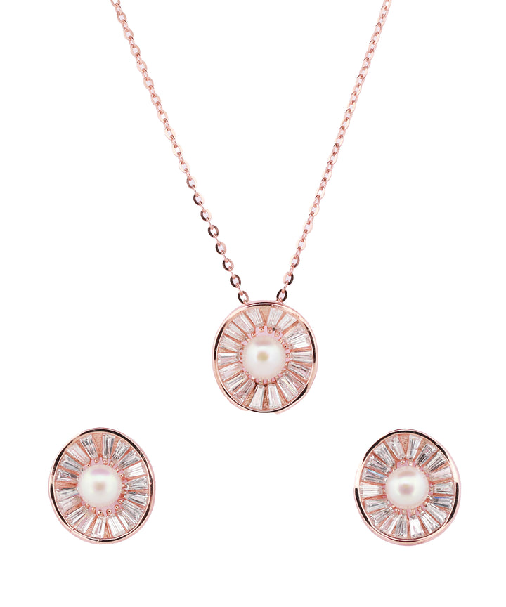 92.5 Sterling Silver Pearl Sunburst Halo Chain Pendant Set 12408