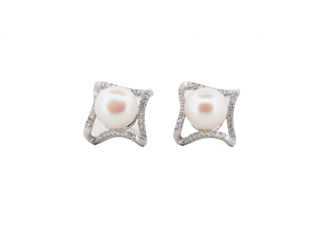 92.5 Sterling Silver Modern Wavy Square Halo Stud  Earrings 15577