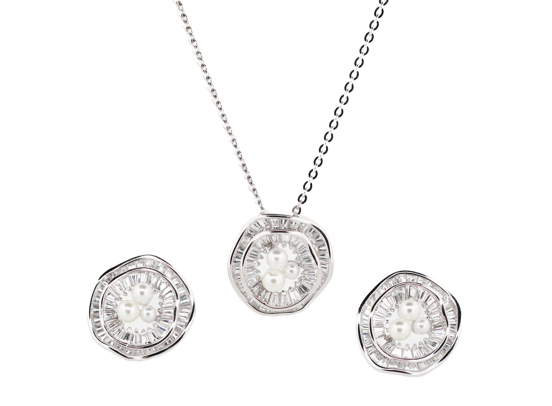 92.5 Sterling Silver Pearl Cluster & Baguette Halo  Chain Pendant Set 12417
