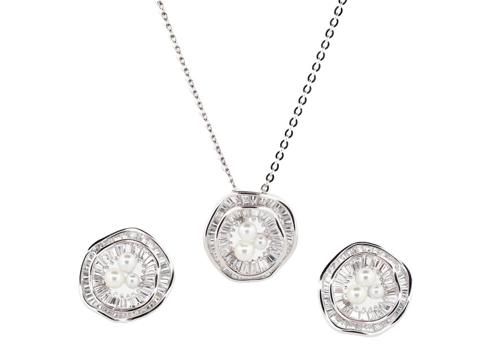 92.5 Sterling Silver Pearl Cluster & Baguette Halo  Chain Pendant Set 12417