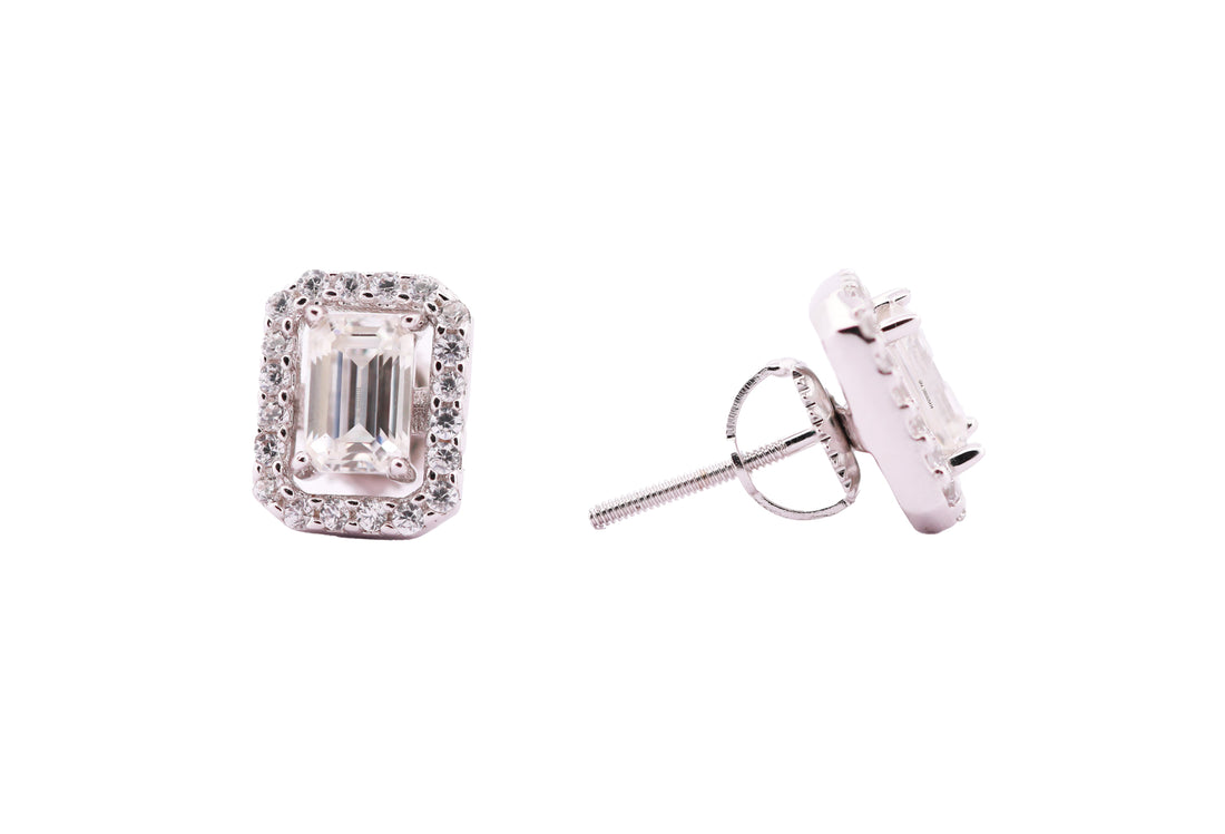 92.5 Sterling  Silver with Moissanite Emerald-Cut Halo Stud Earrings 6632