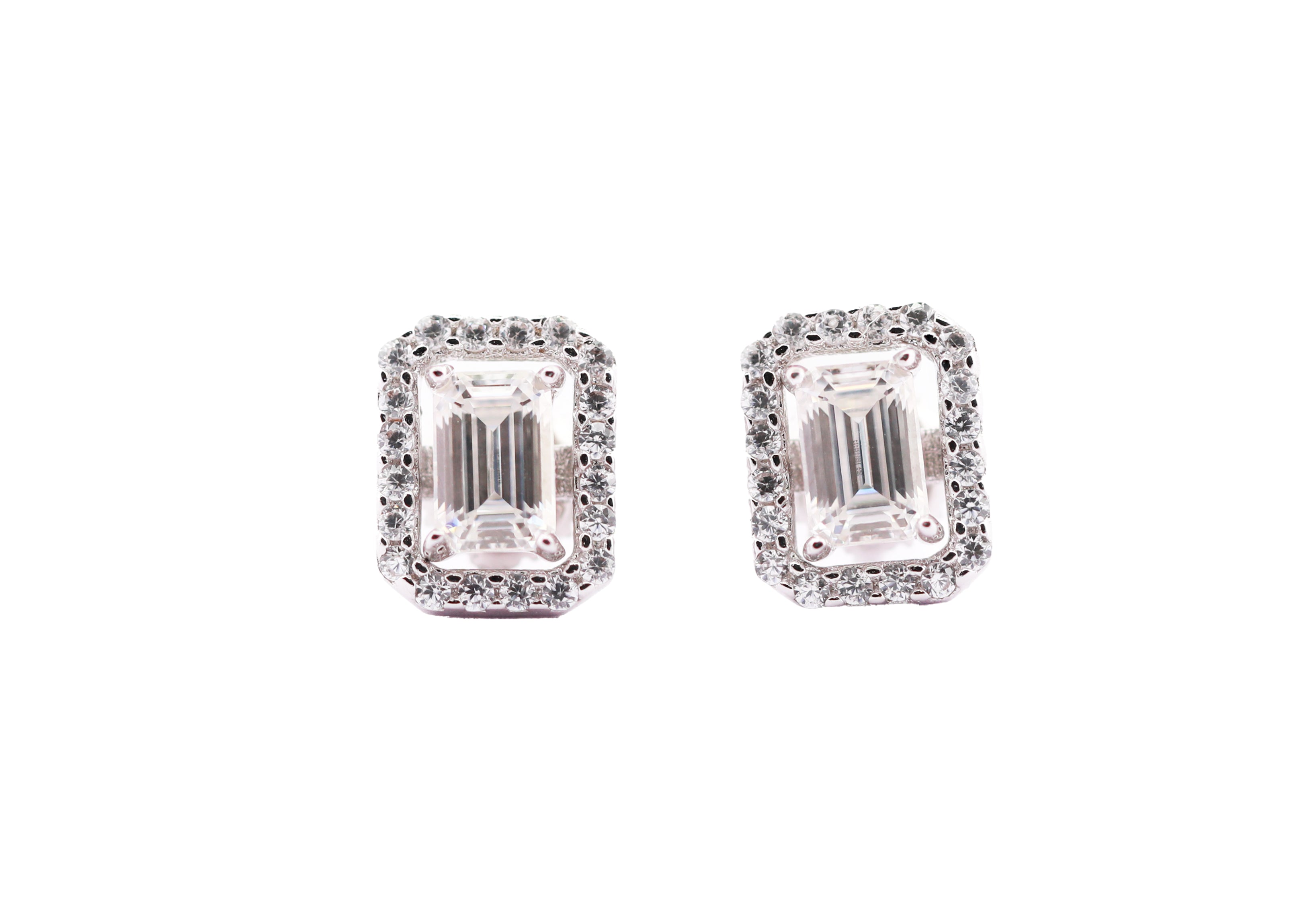 92.5 Sterling  Silver with Moissanite Emerald-Cut Halo Stud Earrings 6632