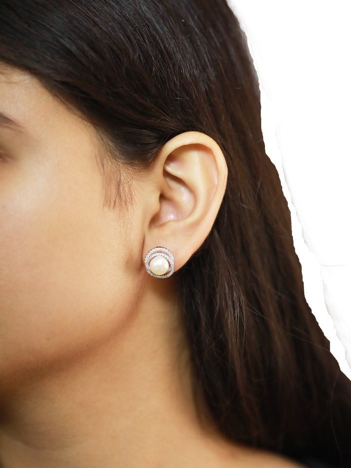 92.5 Sterling Silver Double Halo Pearl Stud Earrings 15562