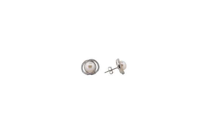 92.5 Sterling Silver Double Halo Pearl Stud Earrings 15562