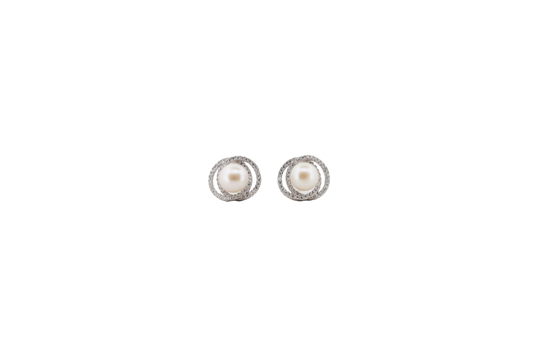 92.5 Sterling Silver Double Halo Pearl Stud Earrings 15562