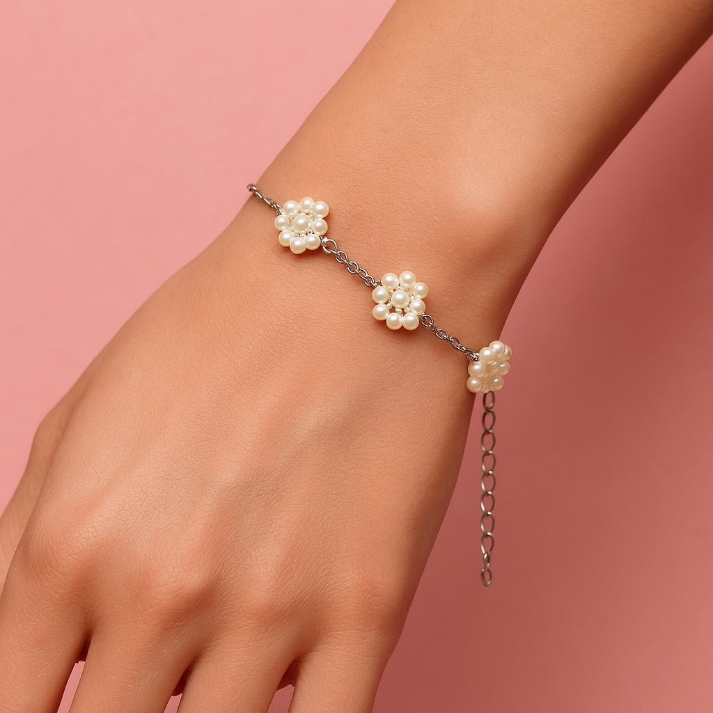 92.5 Sterling  Silver Floral Pearl Charm Bracelet  12353