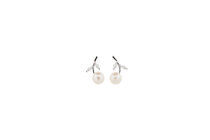 92.5 Sterling Silver Dainty Pearl and Leaf Motif Stud Earrings 15608