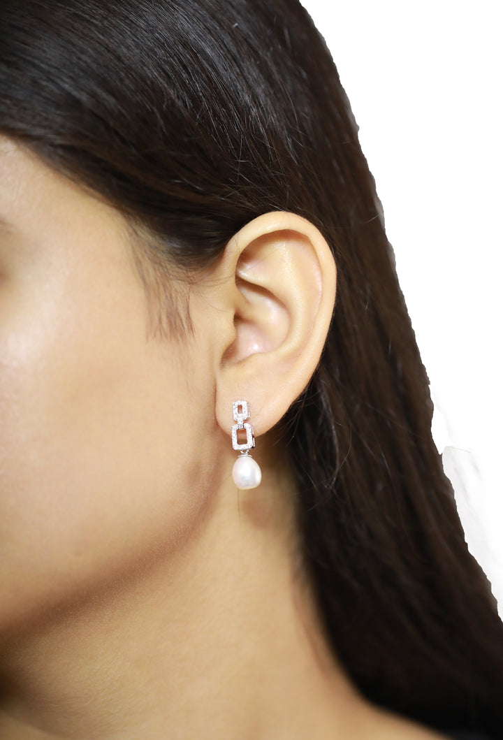 92.5 Sterling Silver Geometric Pearl Drop Earrings 15617