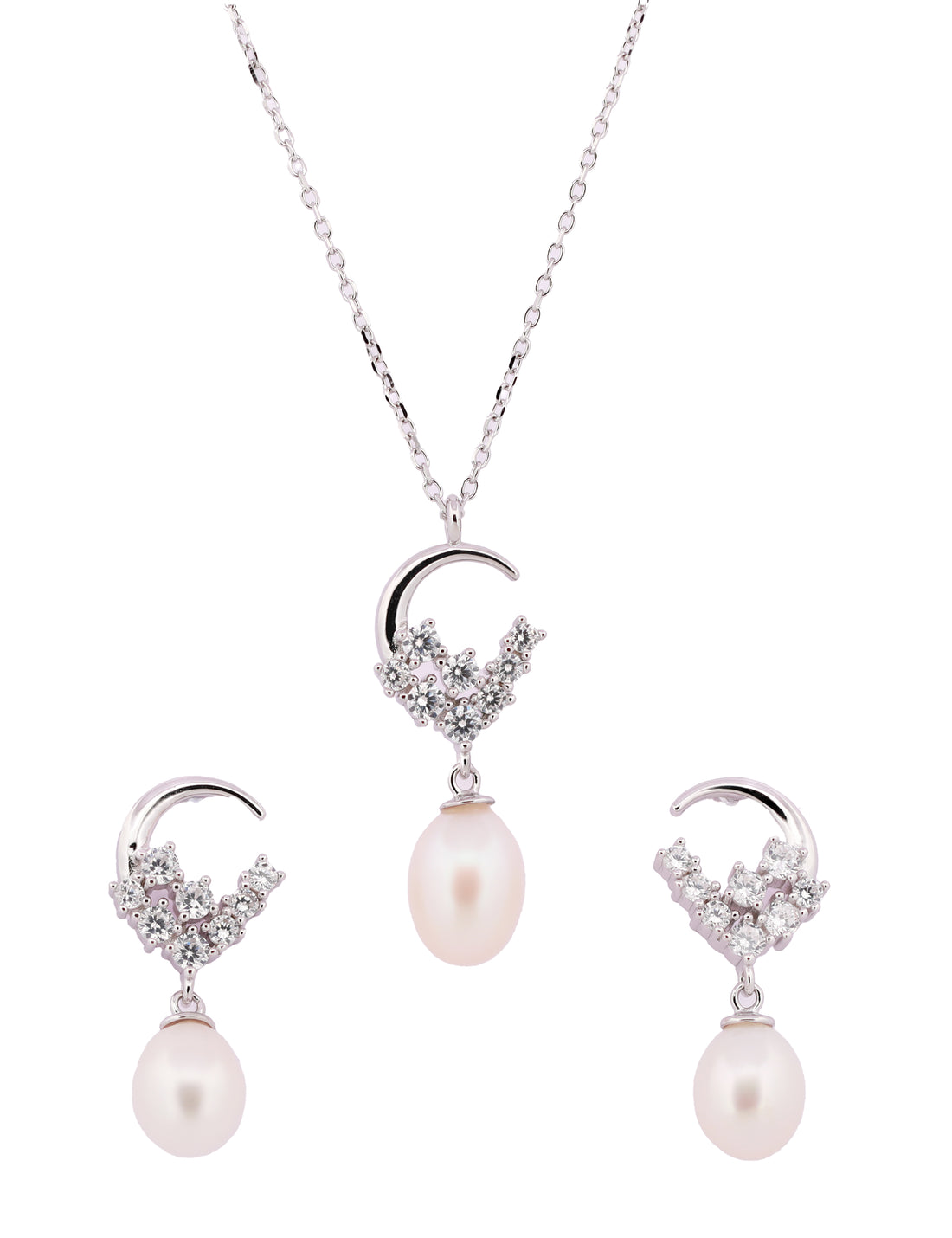 92.5 Sterling Silver Crescent Moon Pearl Drop  Chain Pendant Set 15552