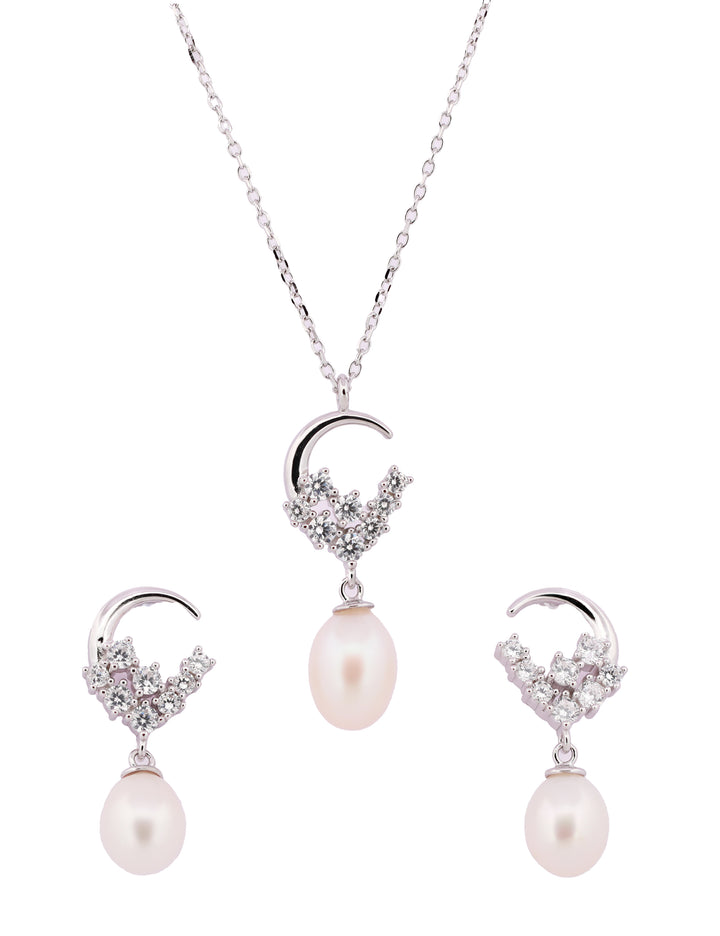 92.5 Sterling Silver Crescent Moon Pearl Drop  Chain Pendant Set 15552