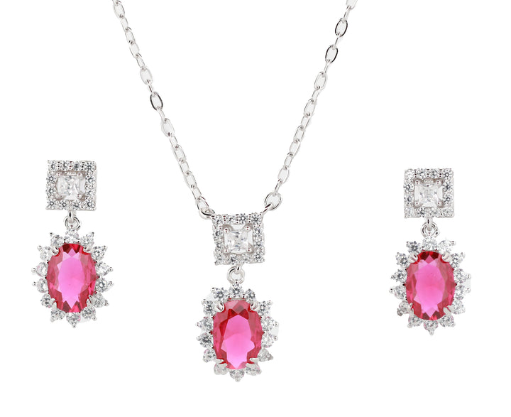 92.5 Sterling Silver Bridal-Style Halo Drop  Chain Pendant Combo Set 15779