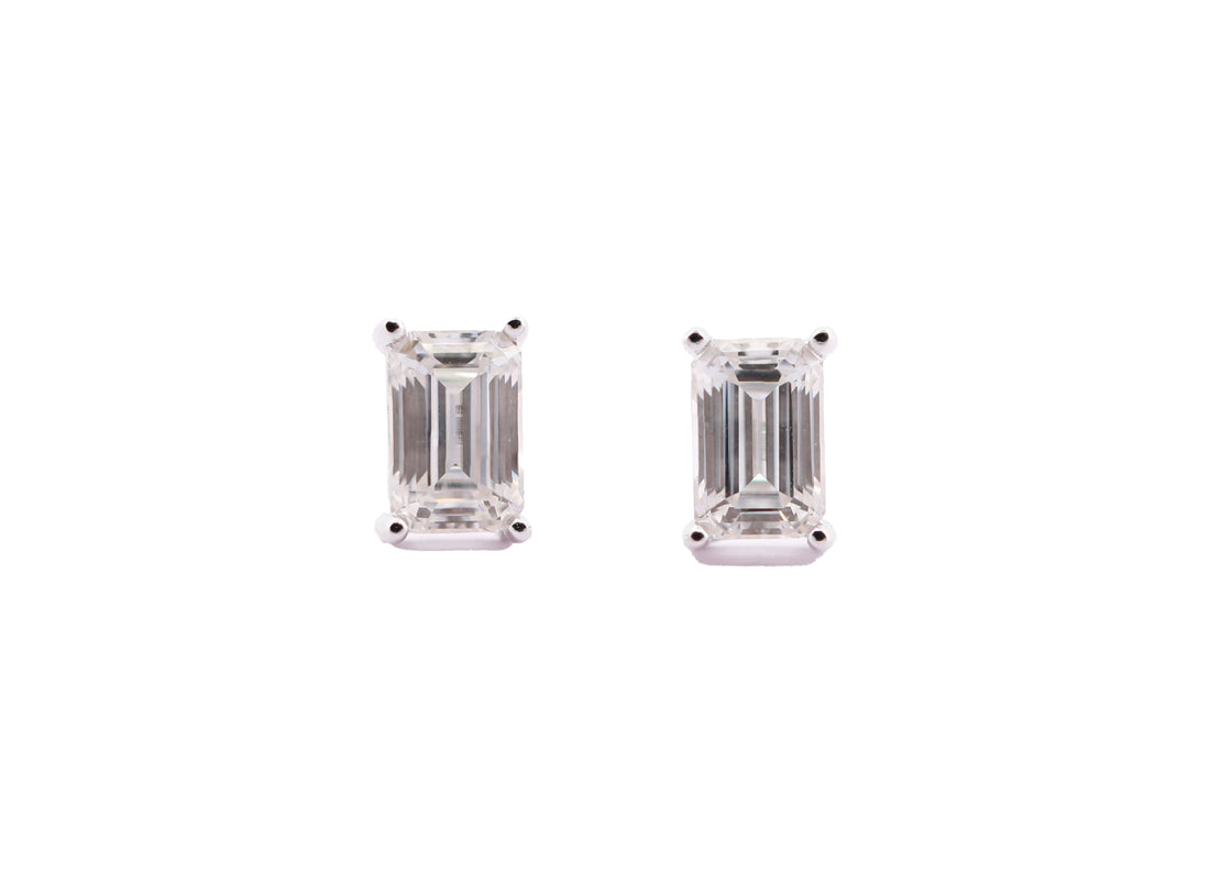 92.5 Sterling Silver with Moissanite Emerald-Cut Solitaire Stud  Earrings 6636
