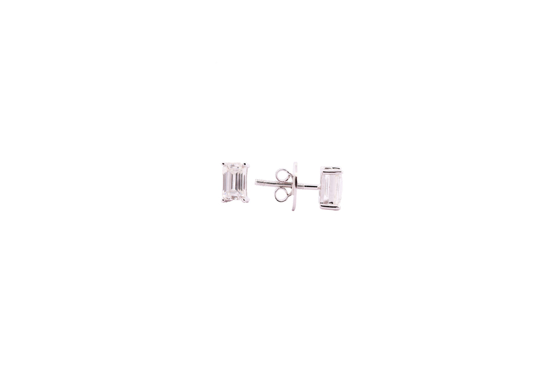 92.5 Sterling Silver with Moissanite Emerald-Cut Solitaire Stud  Earrings 6636