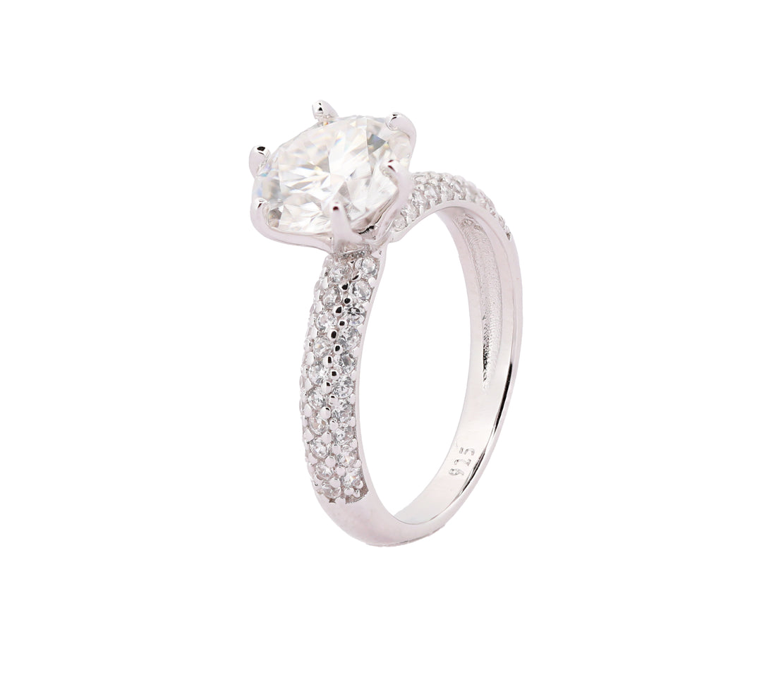 92.5 Sterling Silver Triple Row Pavé Solitaire Finger Ring 6664