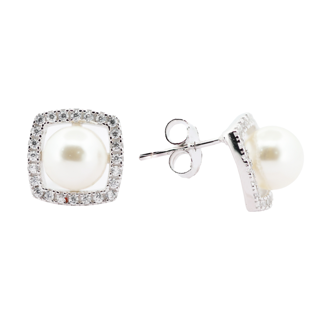 92.5 Sterling Silver Pearl Cushion Halo Stud Earrings 17891