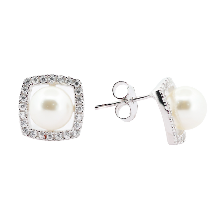 92.5 Sterling Silver Pearl Cushion Halo Stud Earrings 17891