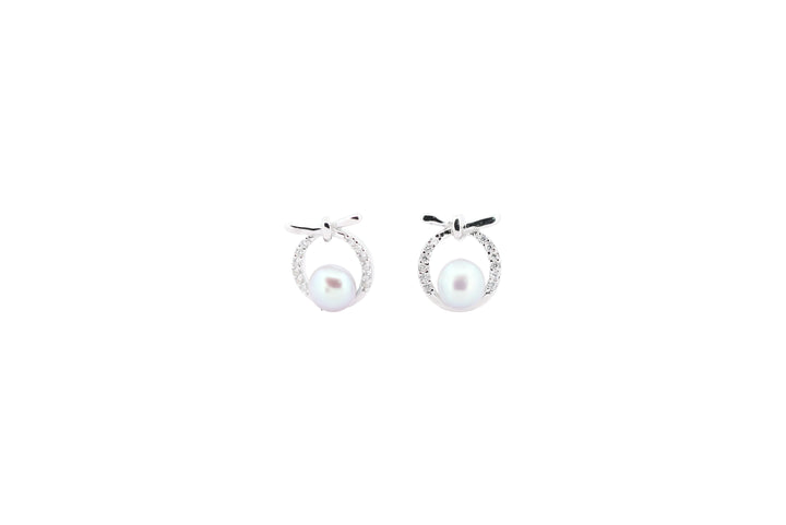 92.5 Sterling Silver Bow-Topped Pearl Hoop Stud Earrings 18172