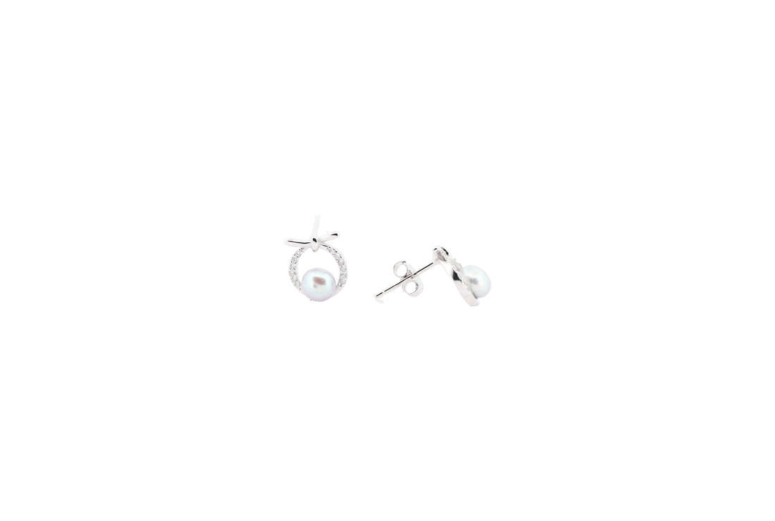 92.5 Sterling Silver Bow-Topped Pearl Hoop Stud Earrings 18172