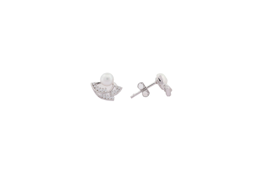 92.5 Sterling Silver  Pearl Fan Drop Studs 18203