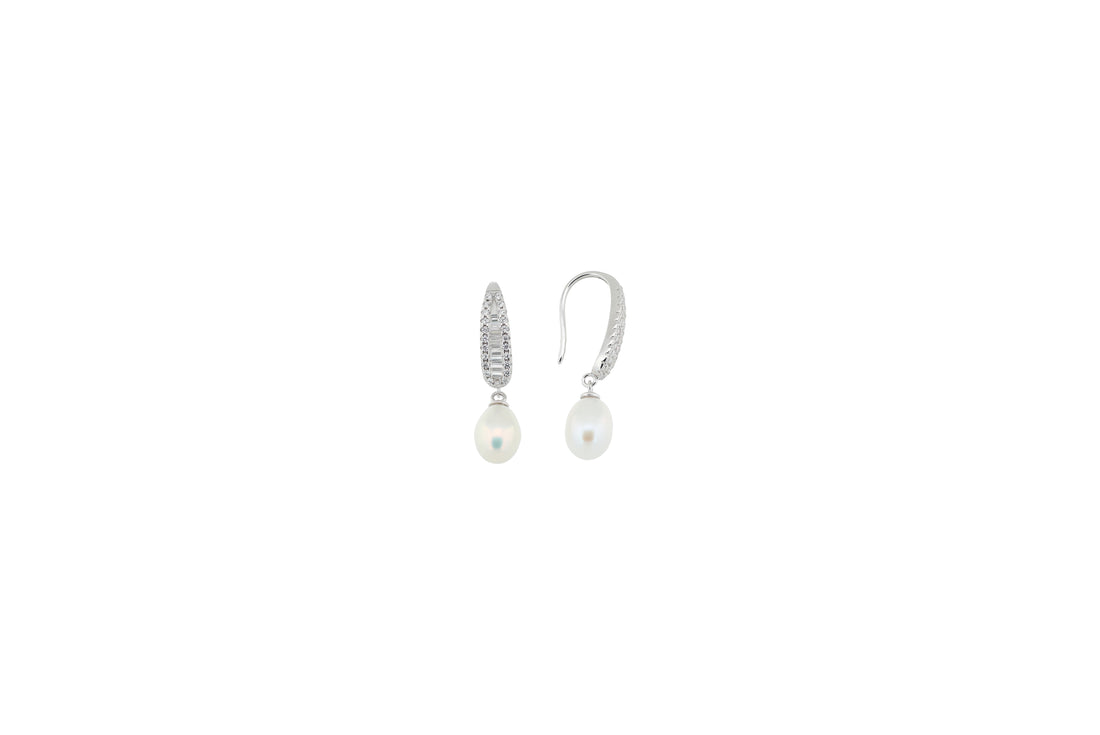 92.5 Sterling Silver Oval Pearl Sparkle Drops Earrings 18205