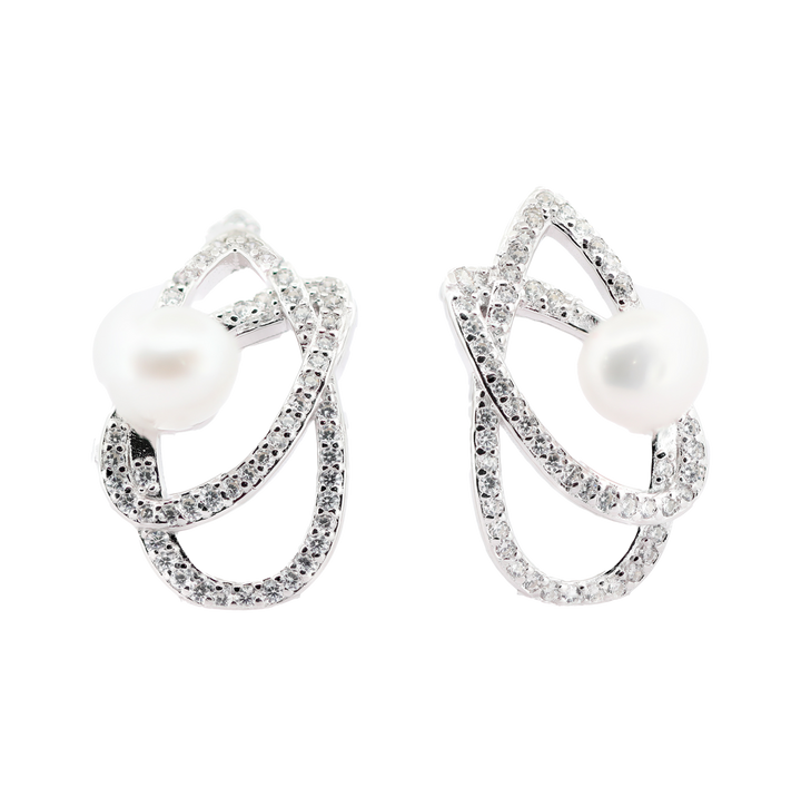 92.5 Sterling Silver Intertwine Pearl Sparkle Stud Earrings 18206