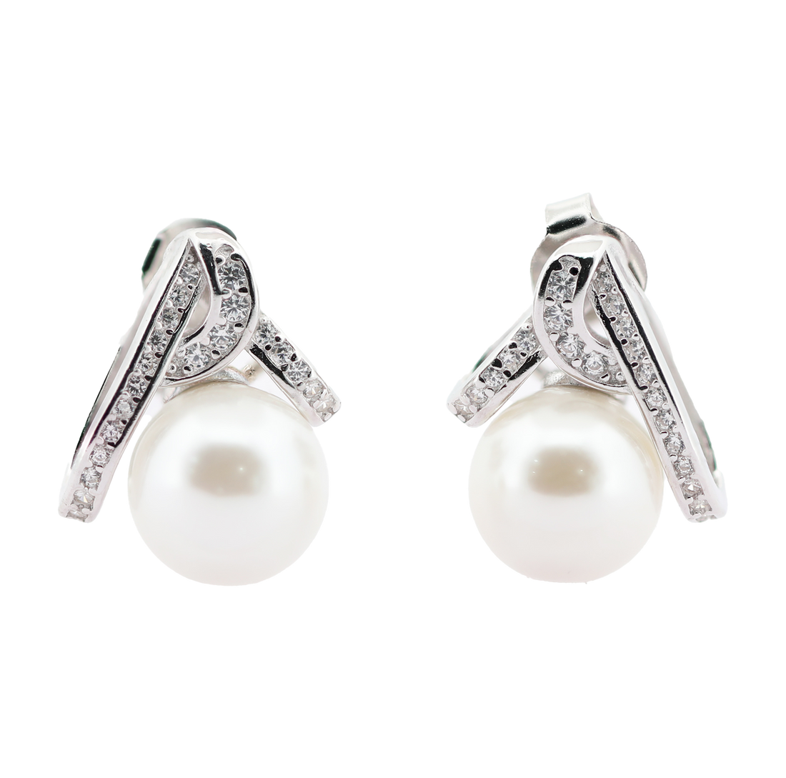 92.5 Sterling Silver Criss-Cross Sparkle Pearl Earrings 18208