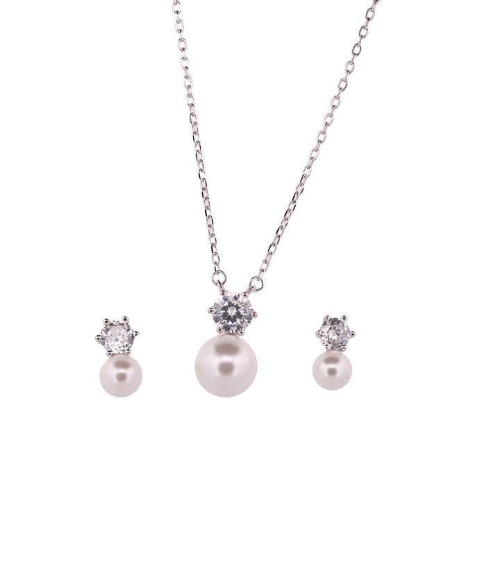 92.5 Sterling Silver Elegant Pearl Drop Chain Pendant Set 18234