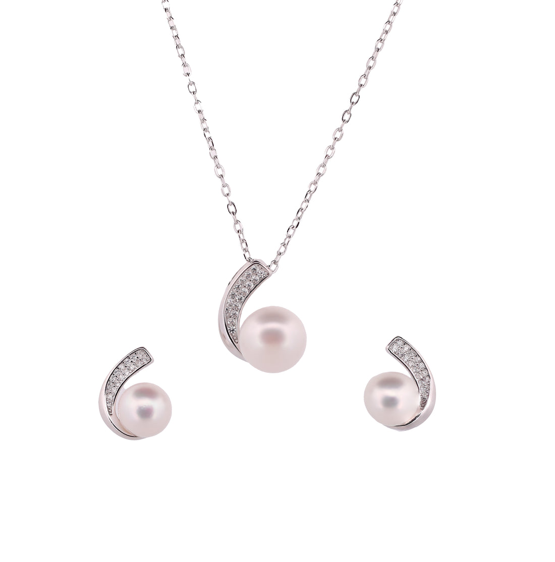 92.5 Sterling Silver Elegant Pearl Curve Chain Pendant Set 18236