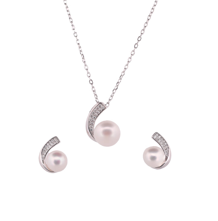 92.5 Sterling Silver Elegant Pearl Curve Chain Pendant Set 18236