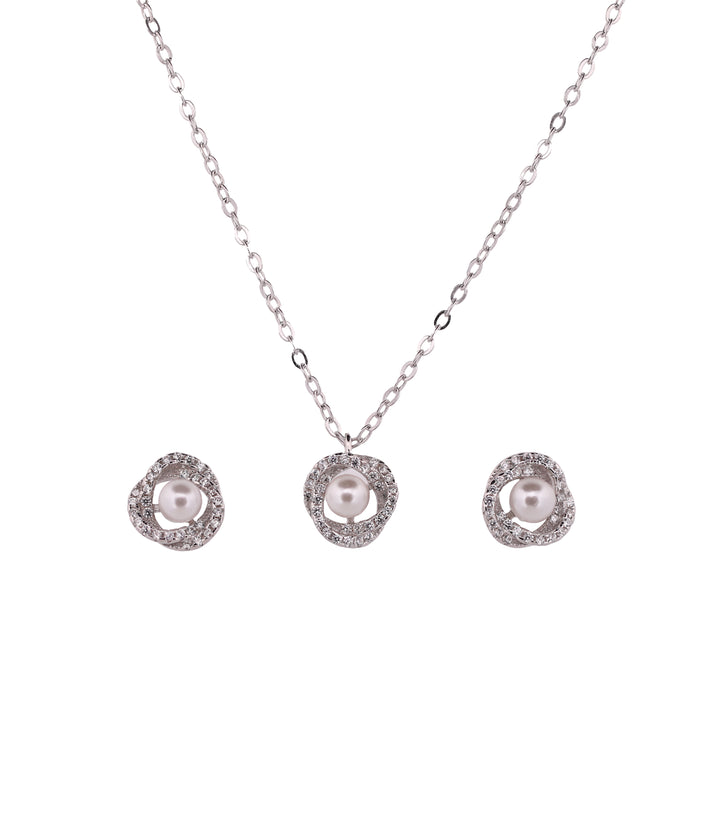 92.5 Sterling Silver Twist Halo Pearl Chain Pendant Set 18237
