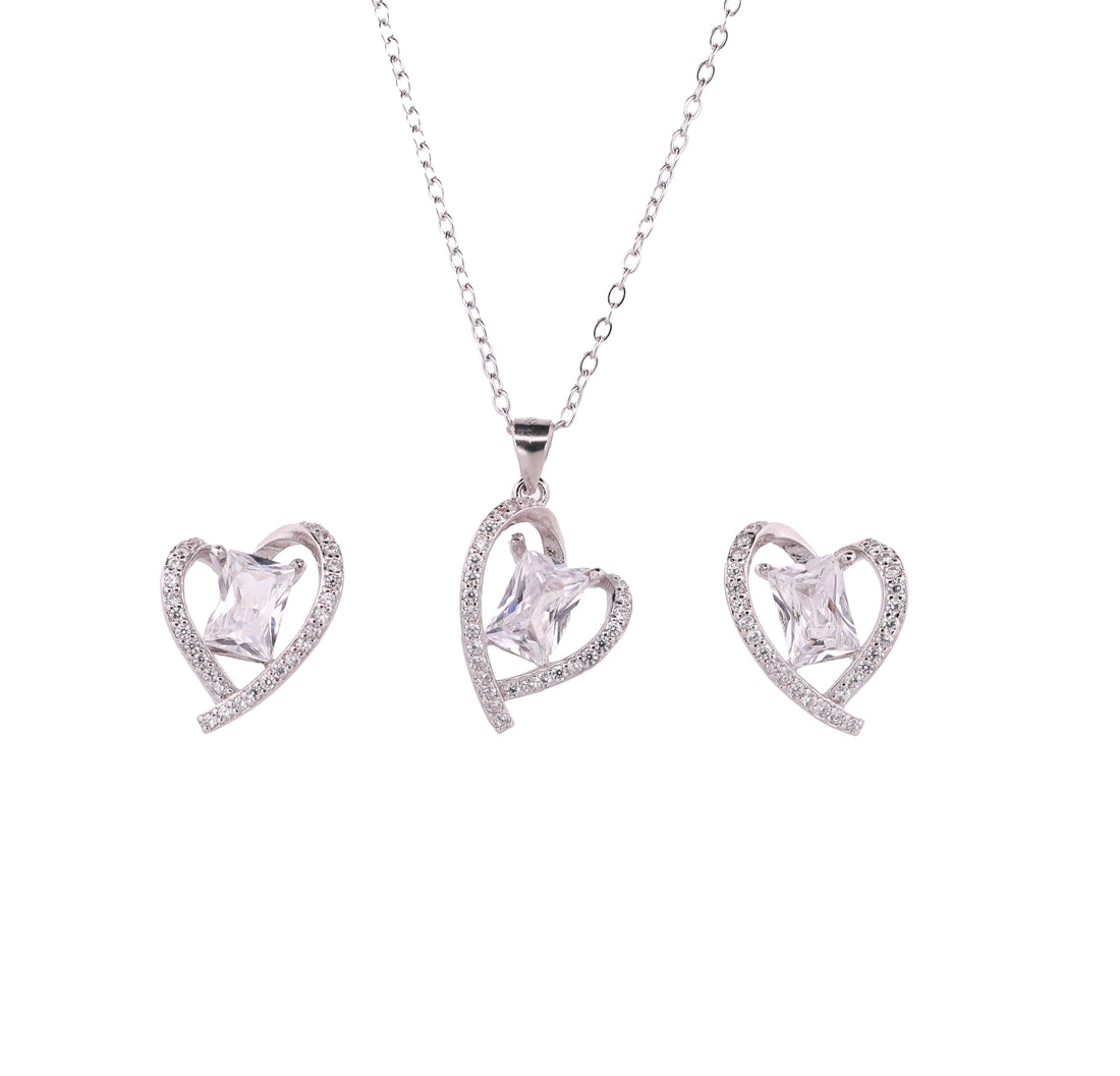 92.5 Sterling Silver Romantic Heart Halo Chain Pendant Set 18254