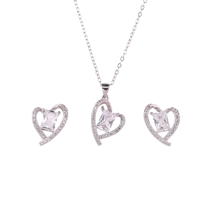 92.5 Sterling Silver Romantic Heart Halo Chain Pendant Set 18254