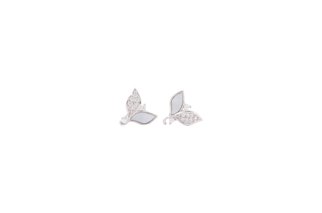 92.5 Sterling Silver  Twin Leaf Sparkle Stud Earrings 18370