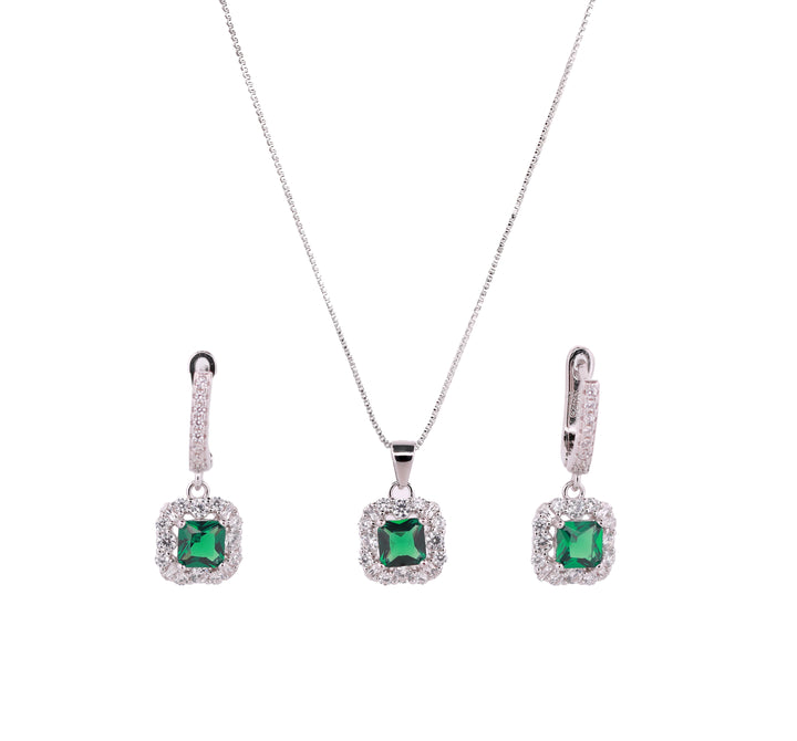 92.5 Sterling Silver Classic Square Halo Chain Pendant Set 18485