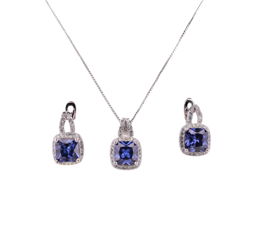 92.5 Sterling Silver Radiant Cushion Halo Chain Pendant Set 18497