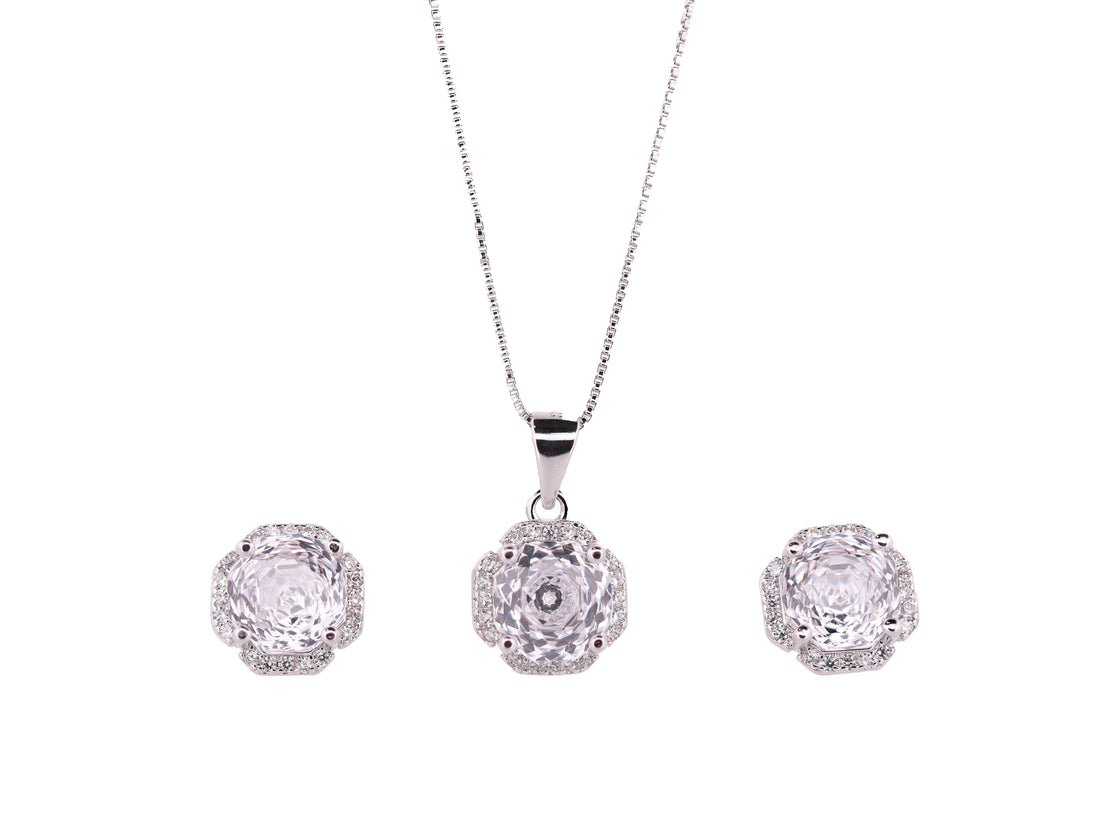 92.5 Sterling Silver Cushion Floral Halo Chain Pendant Set 18500