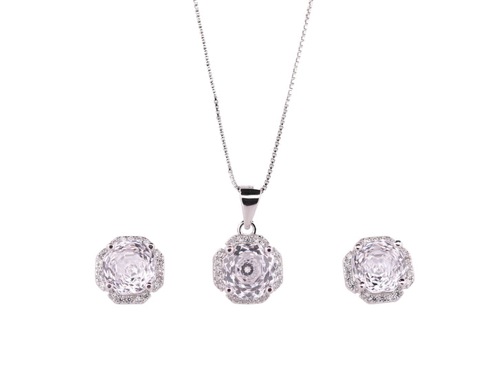 92.5 Sterling Silver Cushion Floral Halo Chain Pendant Set 18500