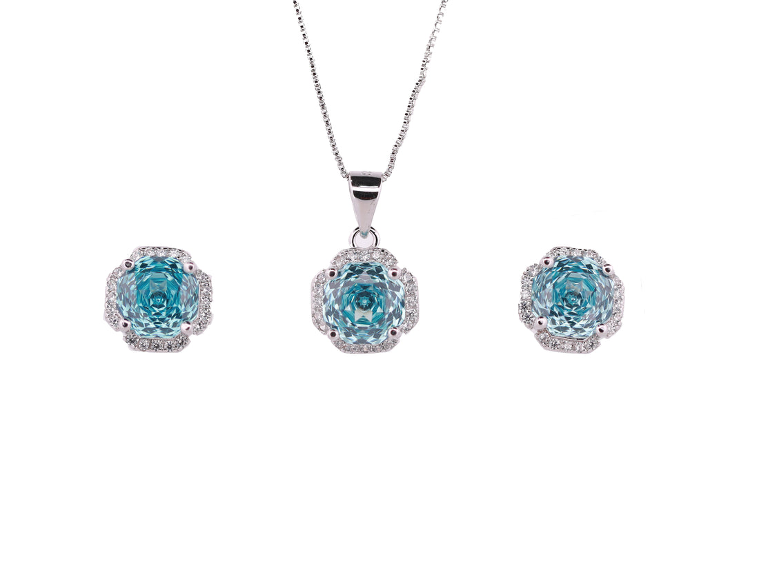 92.5 Sterling Silver Cushion Floral Halo Chain Pendant Set 18500