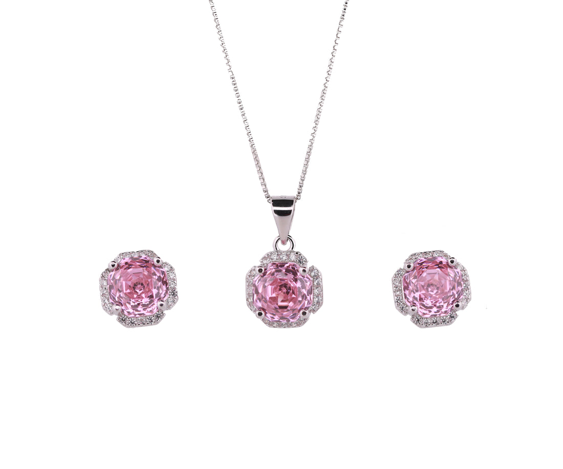 92.5 Sterling Silver Cushion Floral Halo Chain Pendant Set 18500