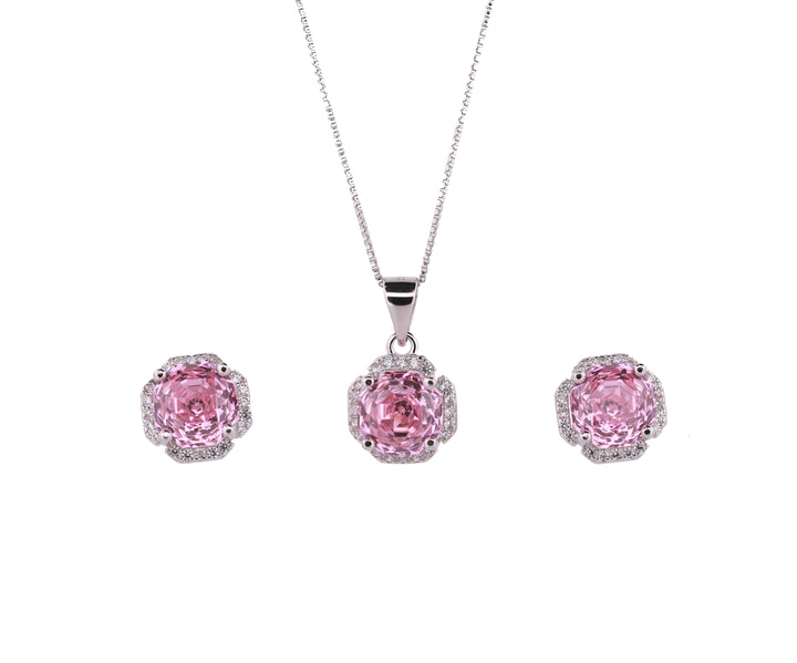 92.5 Sterling Silver Cushion Floral Halo Chain Pendant Set 18500