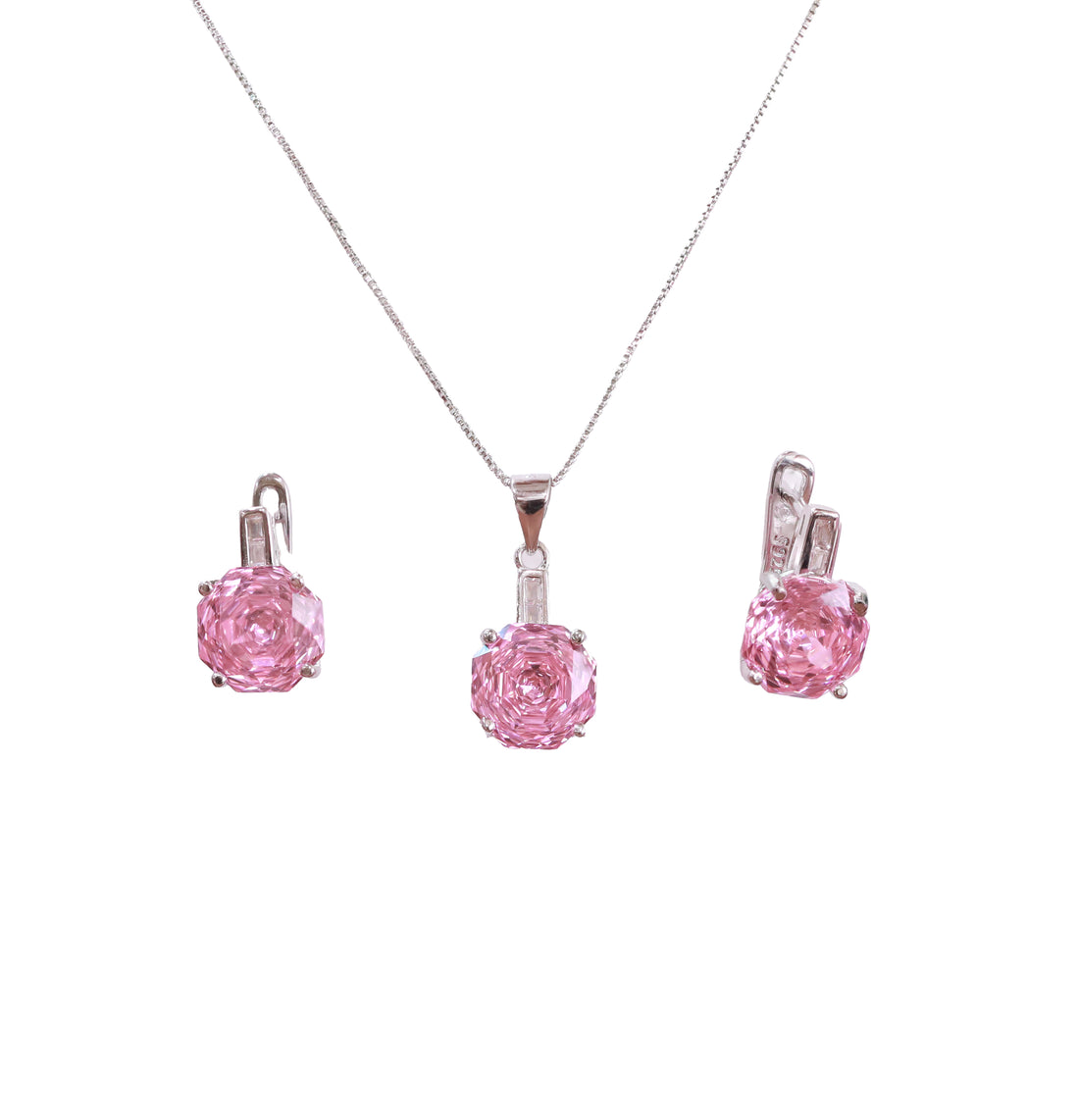 92.5 Sterling Silver Radiant Round Solitaire Chain Pendant Set 18504