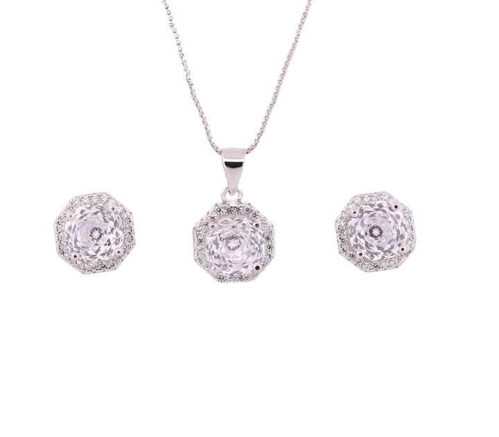 92.5 Sterling Silver Classic Octagon Sparkle Chain Pendant Set 18509