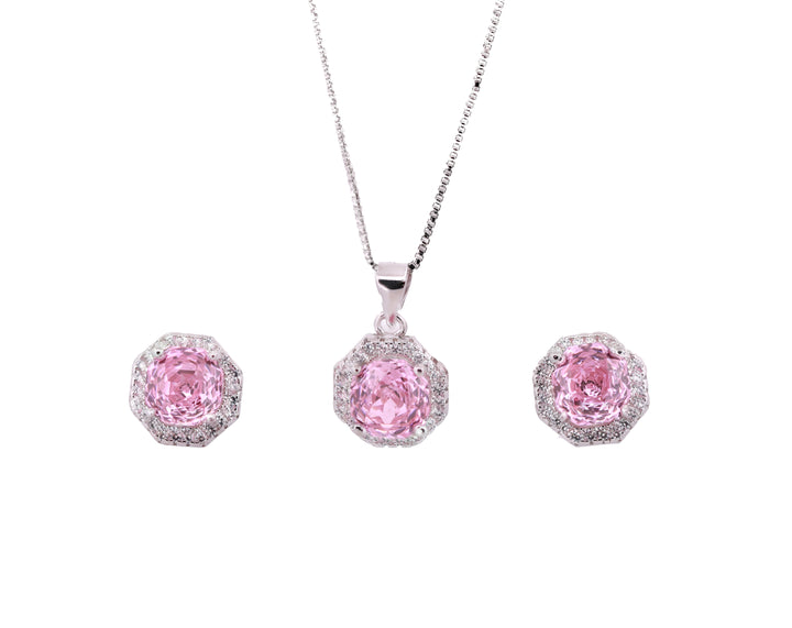 92.5 Sterling Silver Classic Octagon Sparkle Chain Pendant Set 18509